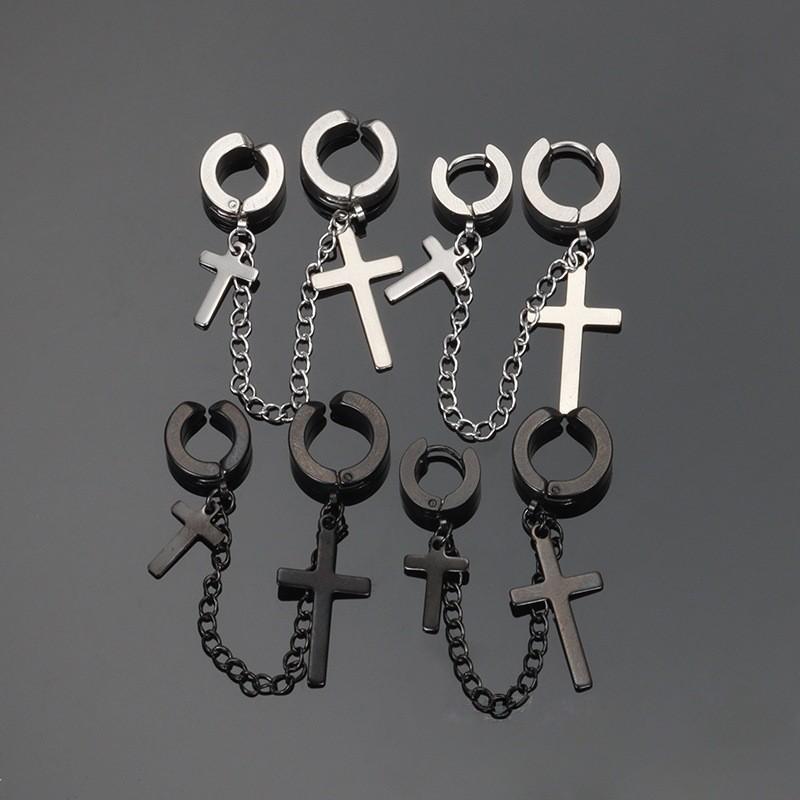 Earring with Chain Hook, Male Style, Titanium and Steel Cross-shaped, Trendy Stud Earrings, Retro Stainless Steel, Hip-hop Style Pendant Earrings