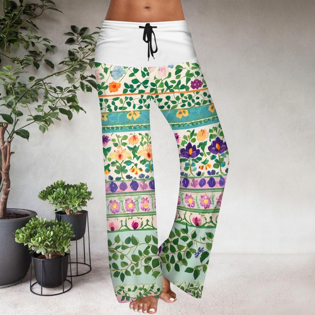 Women's Drawstring Elastic Waistband Wide Leg Color Matching Floral Printed Casual Pants