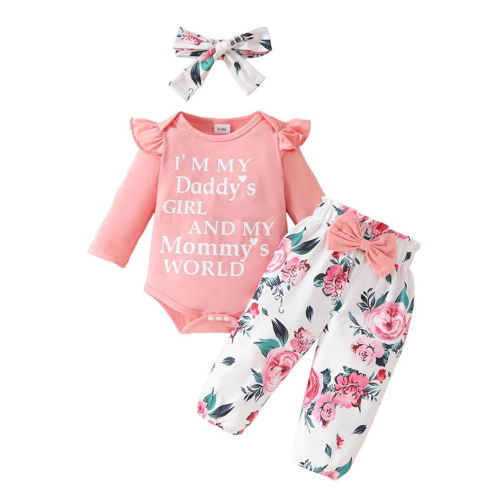 Baby Girl Autumn Romper Set: Long-Sleeved Letter Romper, Bow Flower Pants, Headband - Three-Piece Outfit 2024