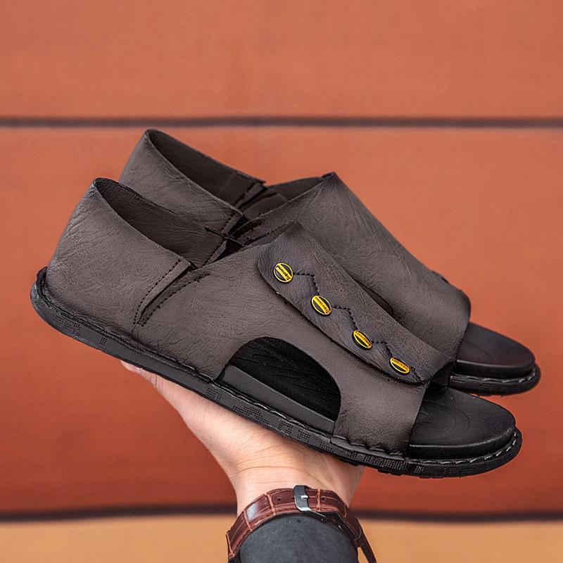 2025 spring and summer men's leather sandals, trendy breathable soft-soled men's shoes outdoor, foot shoes