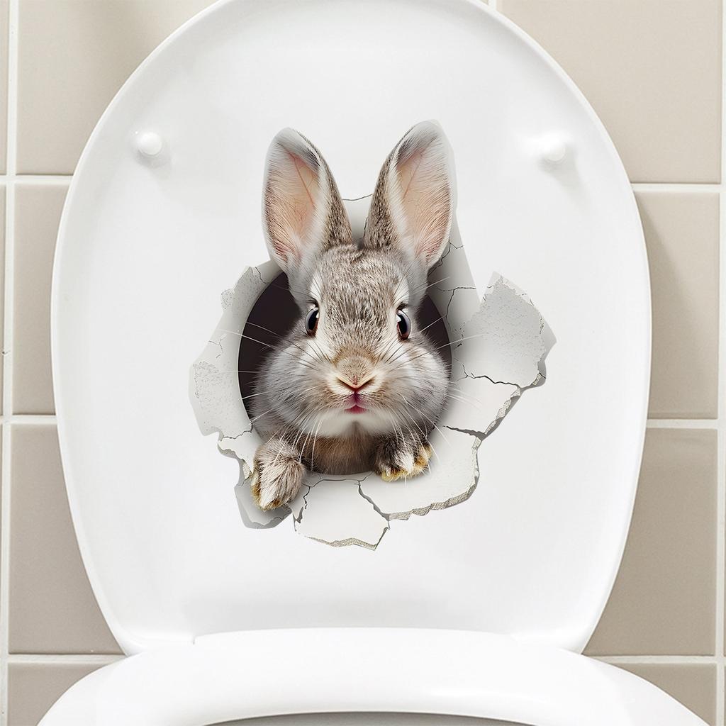 3D Peeking Bunny Toilet Stickers, Cute Breaking Wall Rabbit Waterproof Removable Self-Adhesive