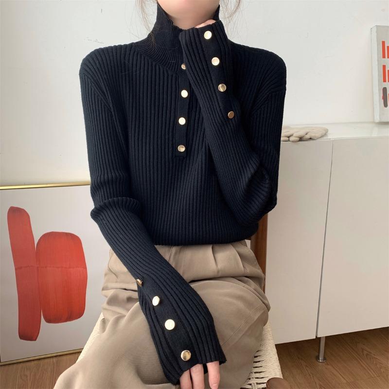Half-turtleneck Pit Strip Long-sleeved Knitted Bottoming Shirt Women's Autumn and Winter Design Sense Button-up Sweater Slim-fit Top