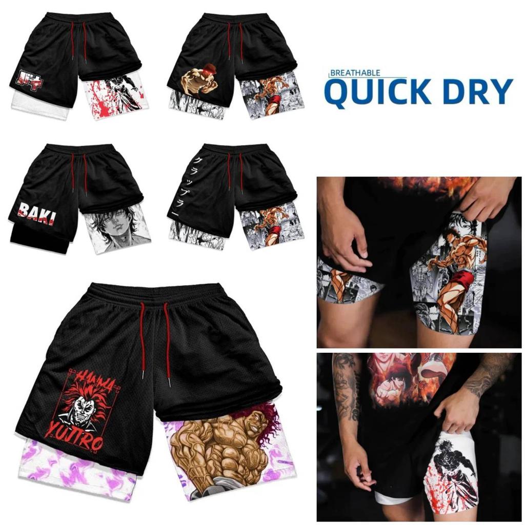 Calções de Treino Baki Grappler Calças Camada Dupla Boxe Muay Thai Kickboxing Treino Desenho Animado Japonês Animação Estampa 3D Ginásio Desporto Treino Fitness Cosplay Unissexo