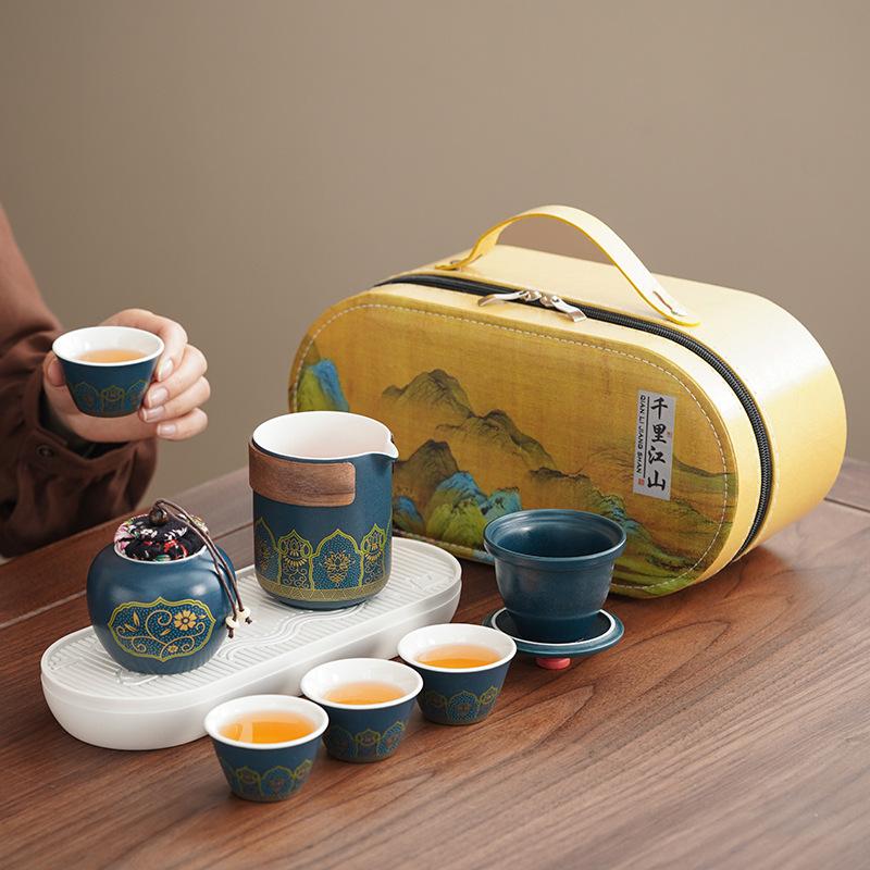 Light luxury enterprise travel tea set, ancient rhyme hand-held pot, Dehua ceramic camping express cup annual meeting gift