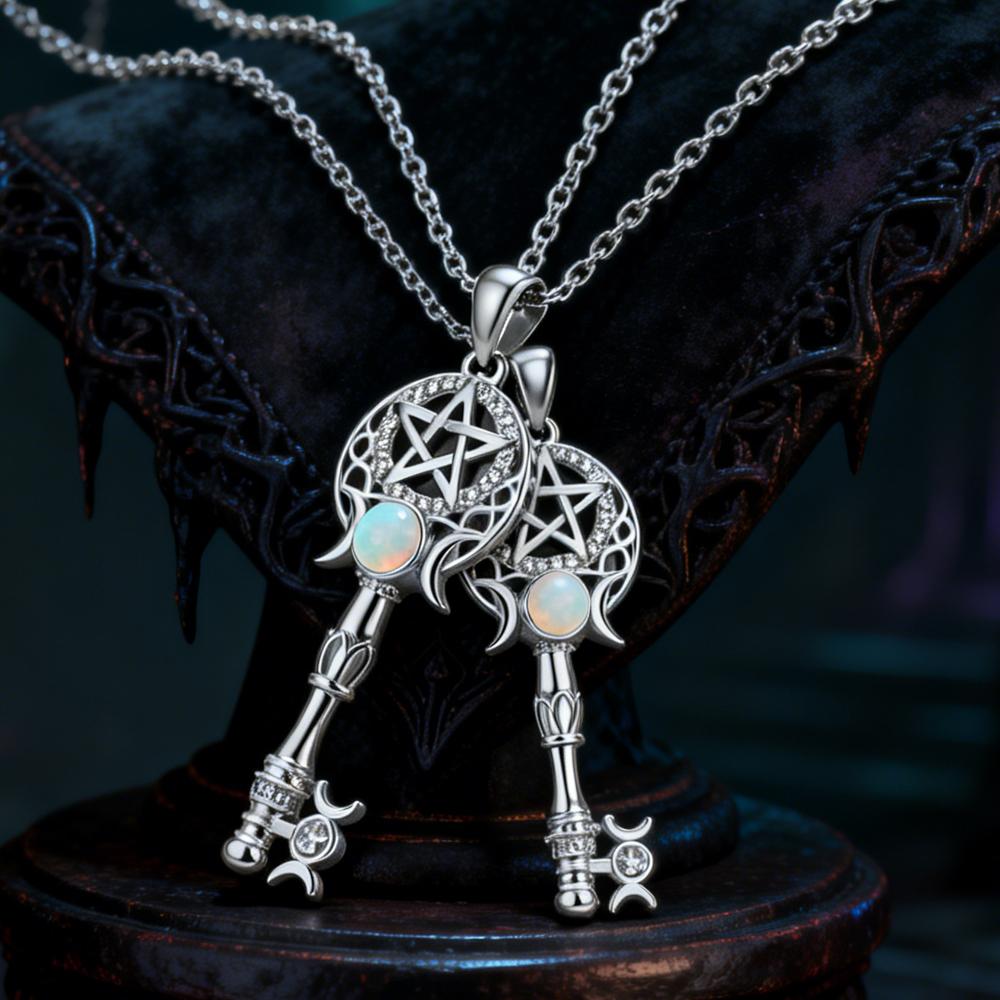 Čarodějnictví Trojitý Měsíc Bohyně Tvar Klíče Náhrdelníky Opál Zirkony Pentagram Symbol Přívěsek Čarodějnický Amulet Ochranné Šperky