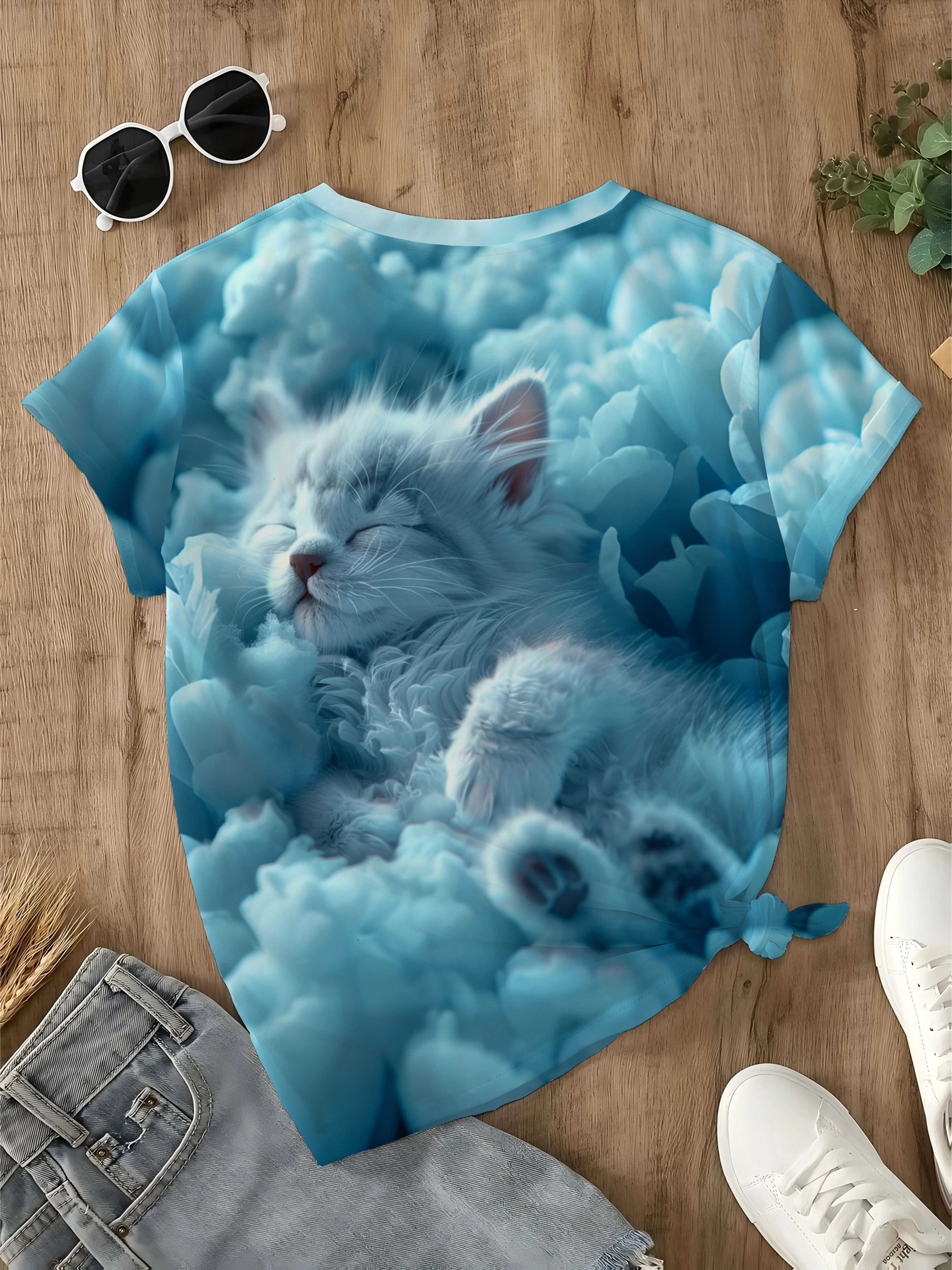 Cloud Cat Pattern T-Shirt Women S Dreamy Soft Cute Style Daily Casual Short Sleeve Top. Fresh Blue Cloud Cat Print Short Sleeve Top for Women. Soft An 3XL дубильная кора