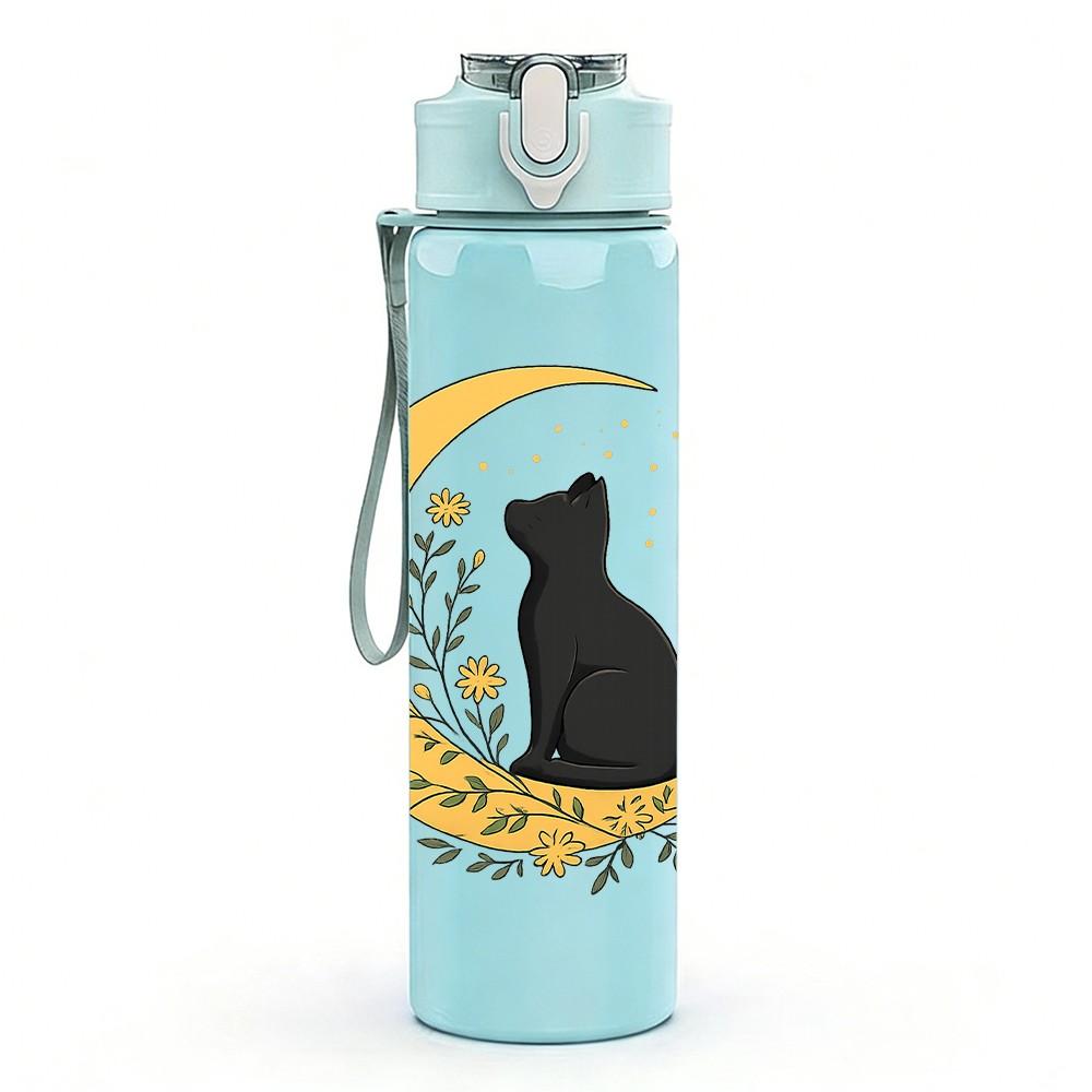 1PC Moon And Black Cat Art 750ml Color Plastic Sports Water Bottle Leakproof Flip Straw Lid Suitable for Sports Office Home Use