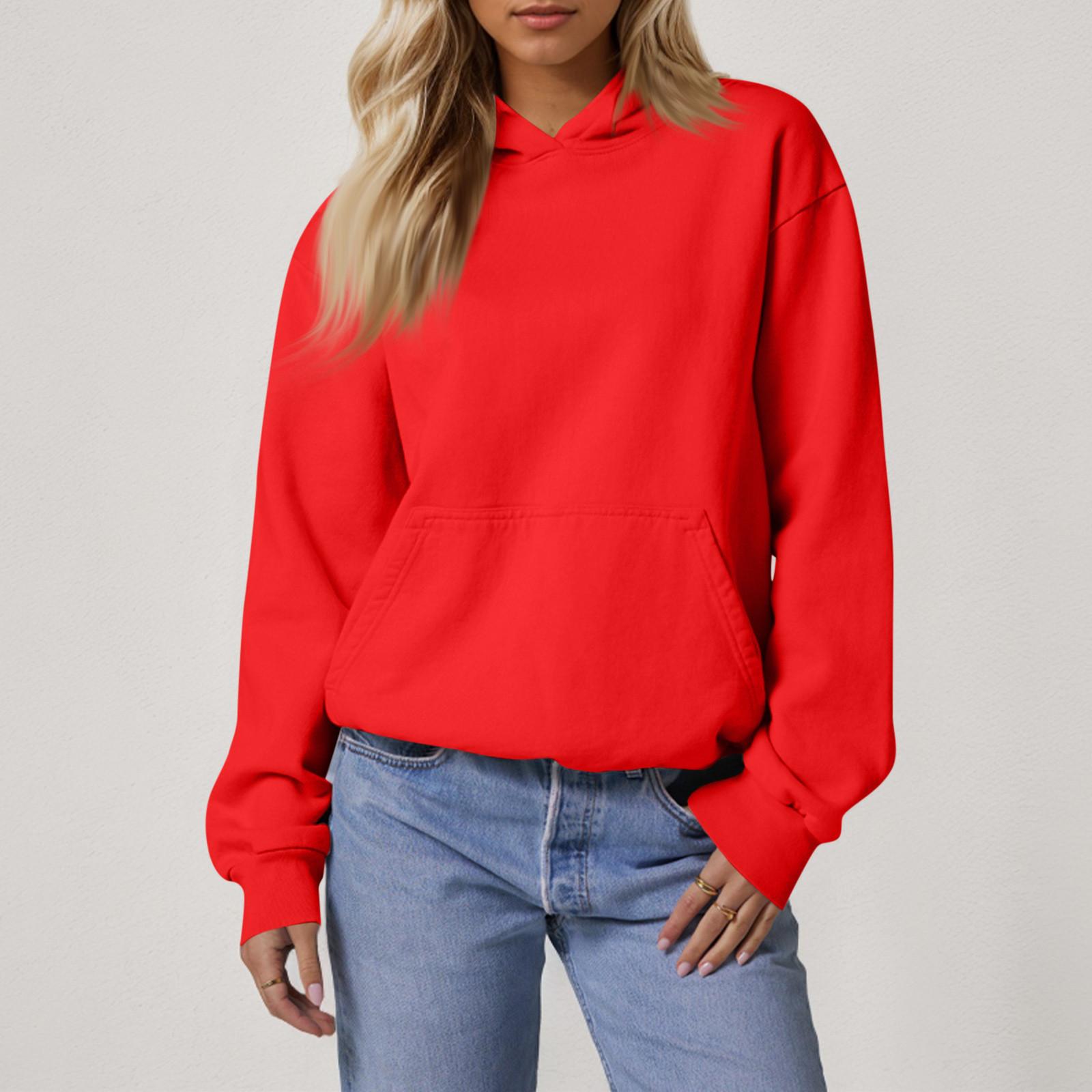 

Женские свободные толстовки с длинными рукавами, блузки, повседневные модные однотонные пуловеры, толстовки с капюшоном, топ с карманом XL красный