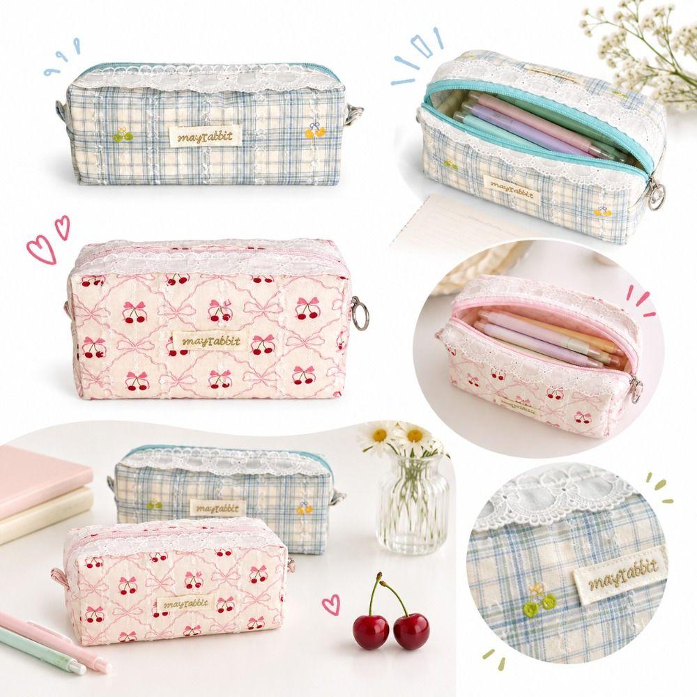 Cherry Bow Pen Pouch Large Capacity Cosmetic Pouch Cute Clutch Bags School Stationery
