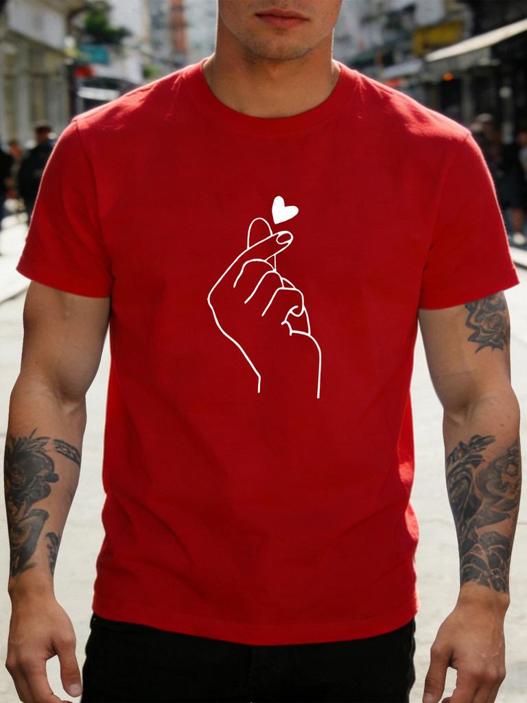 Unisex Cotton Short Sleeve Crew Neck Tee Minimal Finger Heart Sketch RoUnisextic Print Gift For Boyfriend Casual Summer Daily Top