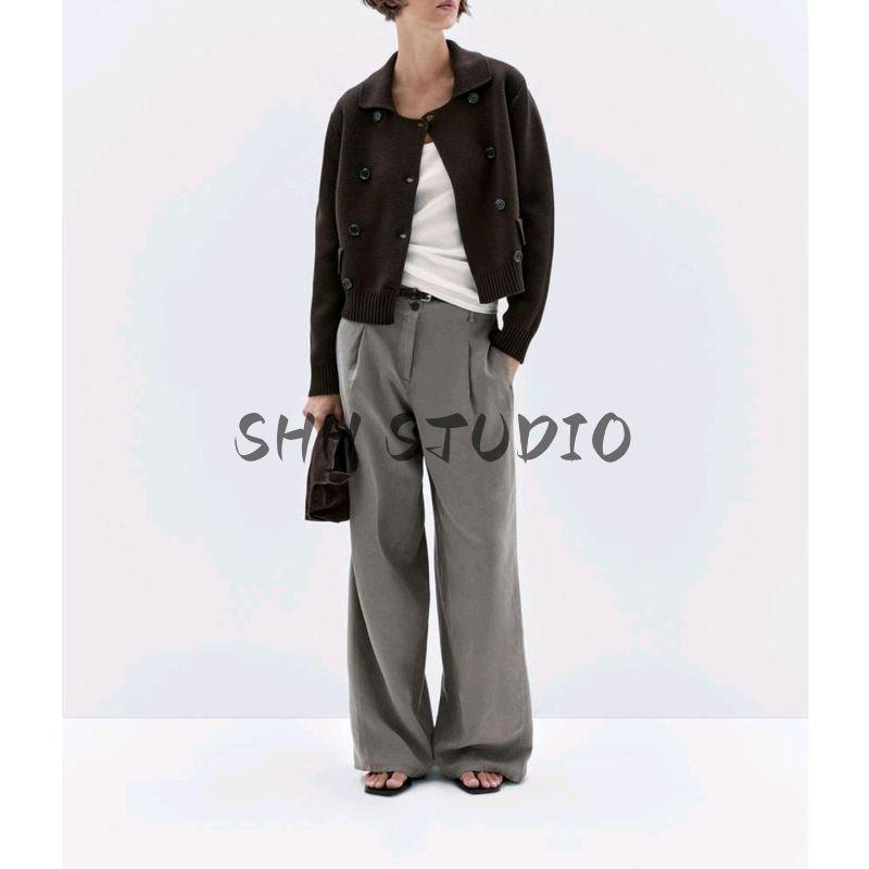 MD Fall Women's Clothing Casual Plain British Style Cotton Blend Double Breasted Lapel Knitting Cardigan 5659575