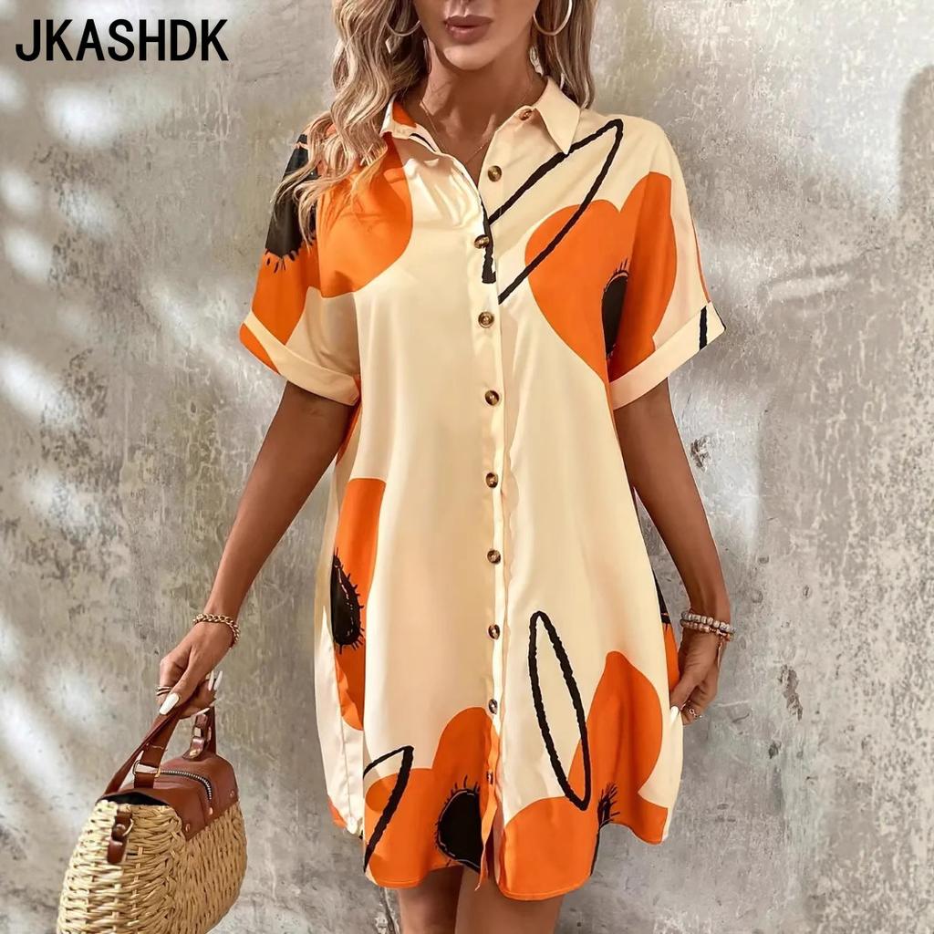 JKASHDK Women's Fashion Summer Spring Flower Pattern Print Short Sleeve POLO Neck Loose Waistline Casual Dresses