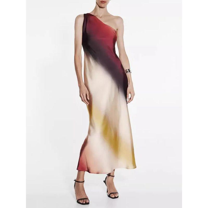 

European and American Foreign Trade New Catwalk Color Matching Gradient Elegant Shoulder High Waist Personality Temperament Dress Photo Color 2XL