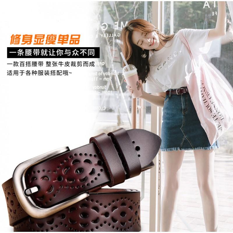 Womens Genuine Leather Belt With Geometric Cutout Design Vintage Style Alloy Pin Buckle Waistband Jeans Skirts