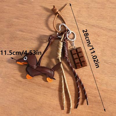 Vintage Leather Dachshund Puppy Braided Rope Pendant Keyring  Chocolate Keychain Women Bag Charms Key Holder Gifts