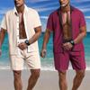 Beach Style Breathable Knitted Mens Set Summer Casual Color Block Short Sleeve Knit Shirt and Shorts Two Piece Sports Suits Men Outfits