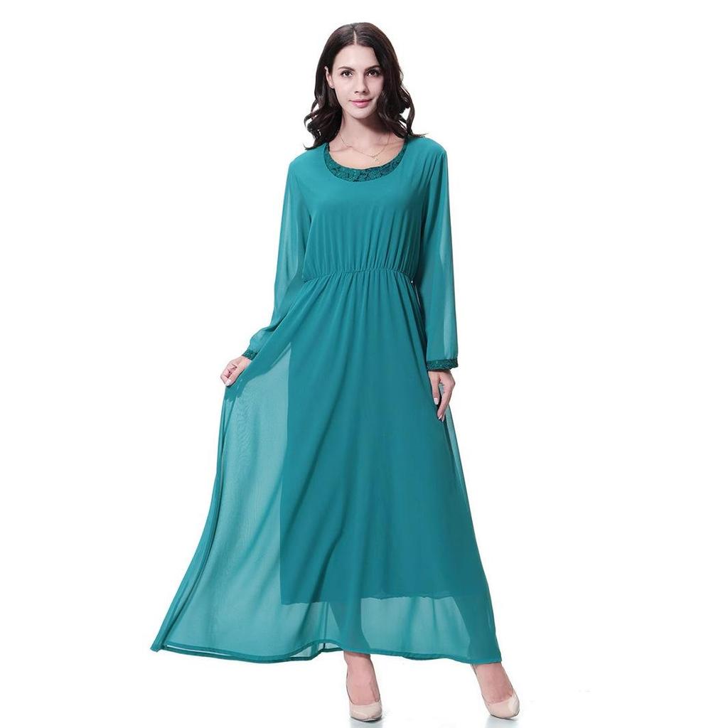 Women's Chiffon Lace Maxi Dress with Round Neck and Long Sleeves, TH923