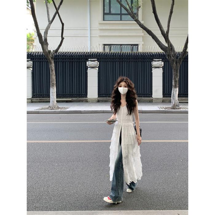 

Hollow lace suspender dress women s summer new design sense stacked wear waist thin medium and long skirt S белый