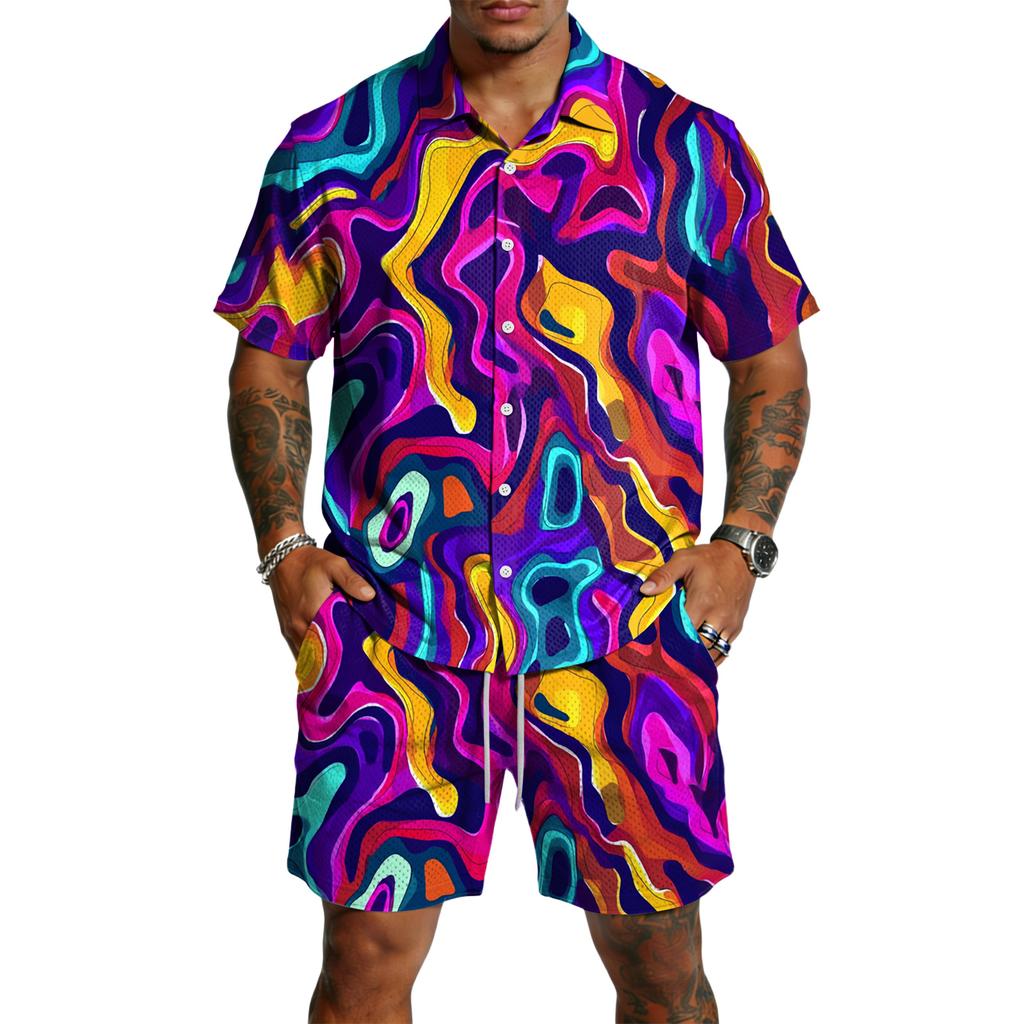 Men's Casual Lightweight Breathable Short Sleeve Shirt with Drawstring Shorts Set Swirl Pattern Summer Outfit for Outdoor Use