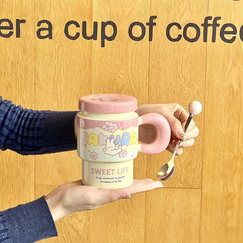Cute Girl Cherry Blossom Rabbit Cup High-looking Ceramic Mug with Lid Spoon Office Breakfast Coffee Cup
