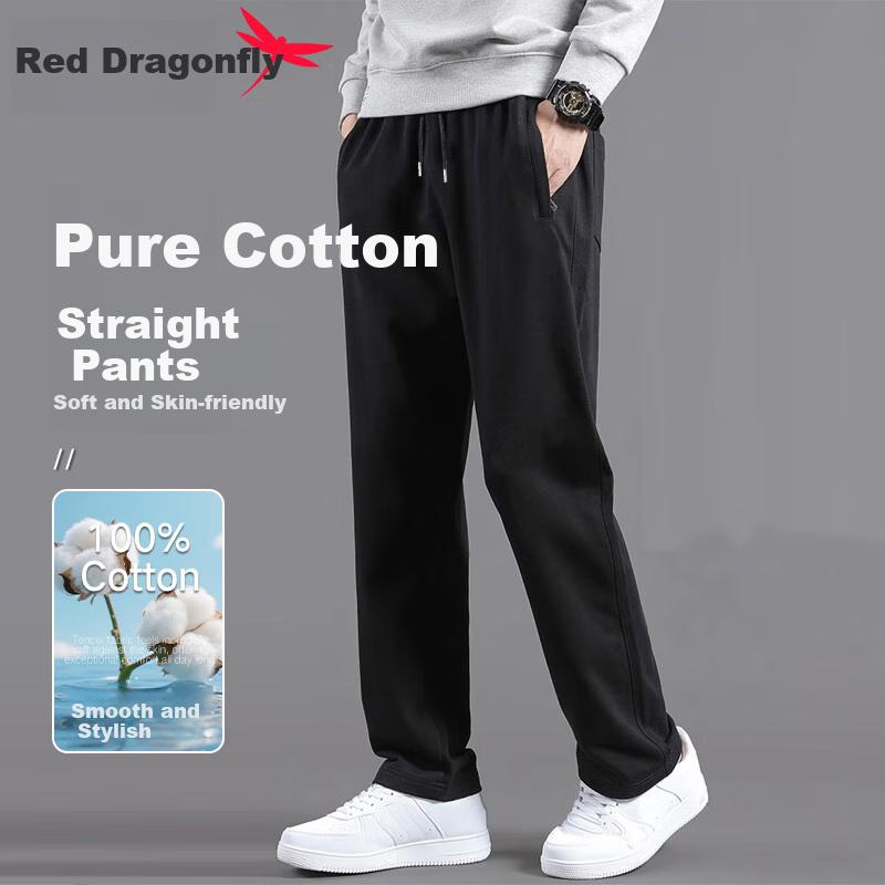 RED DRAGONFLY Casual Pants for Men, Winter Pure Cotton Simple Fashion Versatile Soft Comfortable Skin-Friendly Sports Trousers, Black, 2XL