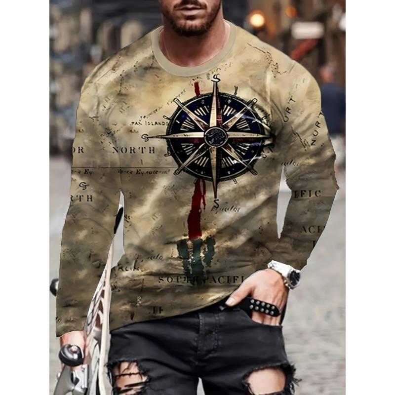 Spring Autumn Men's Unique Compass 3d Pattern Printed Long-Sleeved Shirt Casual Outdoor Unique Long-Sleeved Round Neck T-Shirt