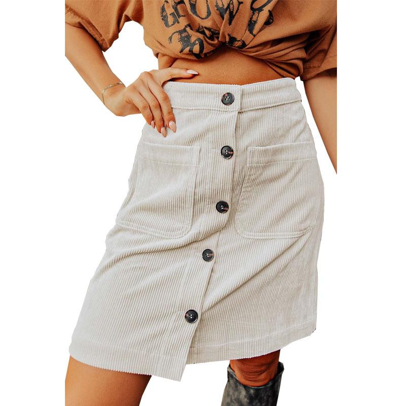 Women Button High Waist Corduroy Package Hip Skirt with Pocket
