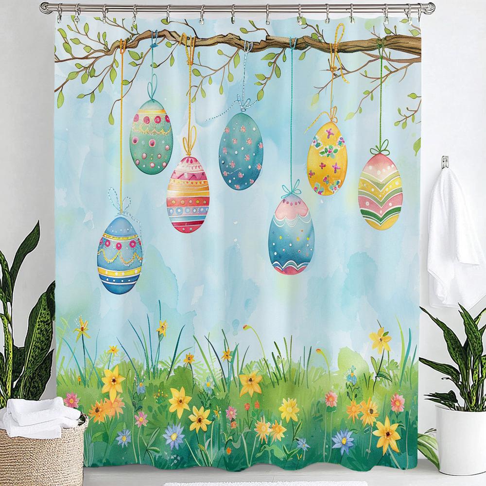 Happy Easter Shower Curtain,Egg and Rabbit Cartoon Printed Polyester Fabric Decorative Bathroom Curtain, Home Curtain with Hooks