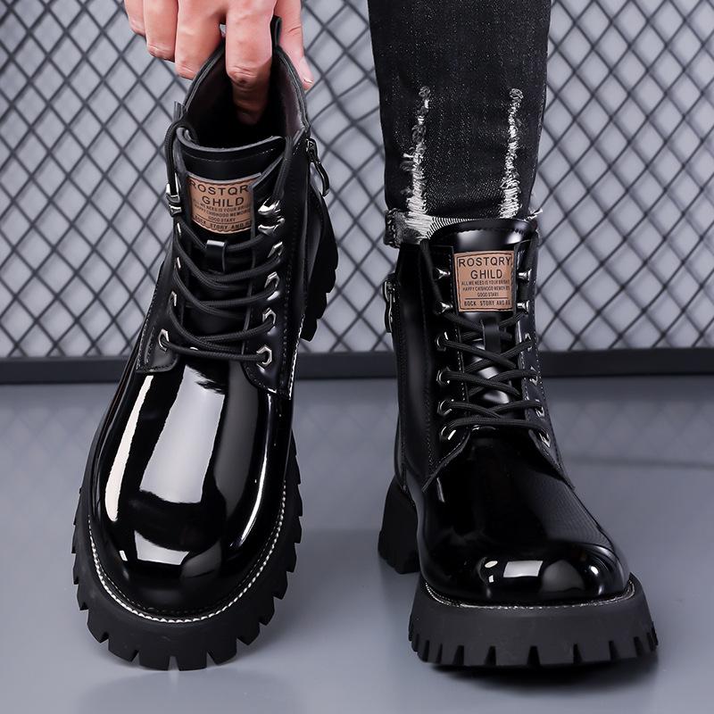 Winter Mens High Top Thermal Boots Plush Lined Snow Shoes Patent Leather Casual Non-Slip Waterproof Warm Comfortable Ankle Boots