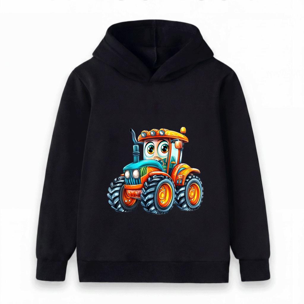 Kids Cartoon Tractor Print Hoodie Boys Girls Casual Long Sleeve Pullover Sweatshirt Cute Vehicle Pattern Children Top Coat