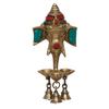 Golden & Colorful Stone Work Handcrafted Lord Ganesha Wall Hanging Brass Diya of 3 Wicks with 3 Bells - Designer Diya, Deepam for Home