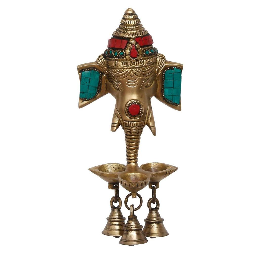 Golden & Colorful Stone Work Handcrafted Lord Ganesha Wall Hanging Brass Diya of 3 Wicks with 3 Bells - Designer Diya, Deepam for Home