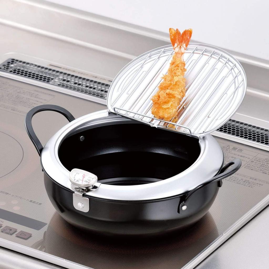 Wahei Freiz Tsubame-Sanjo Made Iron Tempura Pot with Lid, 24cm, with Thermometer, IH and Gas Compatible, Deep Fryer, Tempura Pot, Oil Drainer, Made in