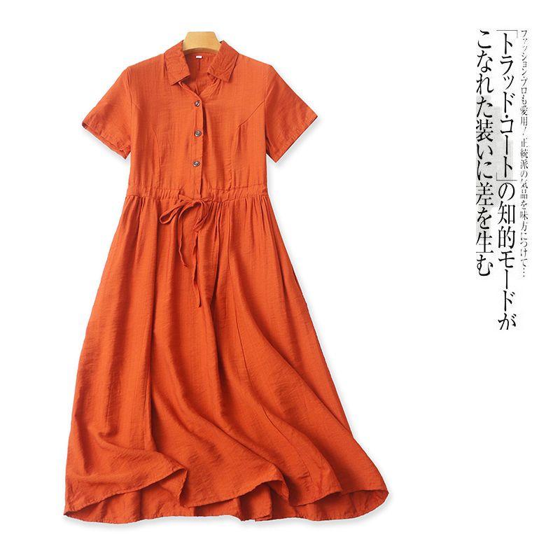 Cotton and Linen Shirt Dress Summer New Arrival Women's Flip + V-neck Buttons Pullover Short Sleeve Shoelace Waist Midi Dress 29071