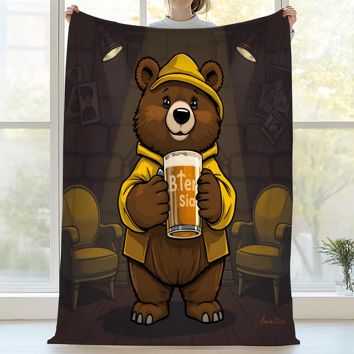

Brown bear and beer mug pattern Flannel printed blanket suitable for all seasons suitable for living room office sofa and travel 75x90cm