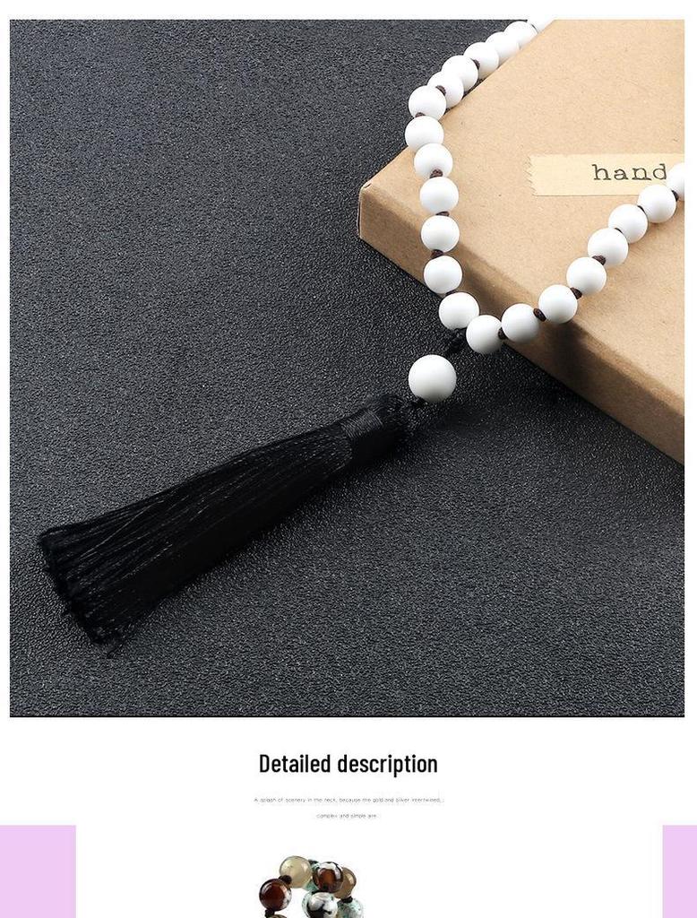European 8mm Stone Bead Tassel Necklace and Multi-Strand Buddhist Bead Bracelet