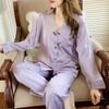 Women's Silky Purple Ice Silk Pajamas Set - Long-Sleeved Cardigan and Pants