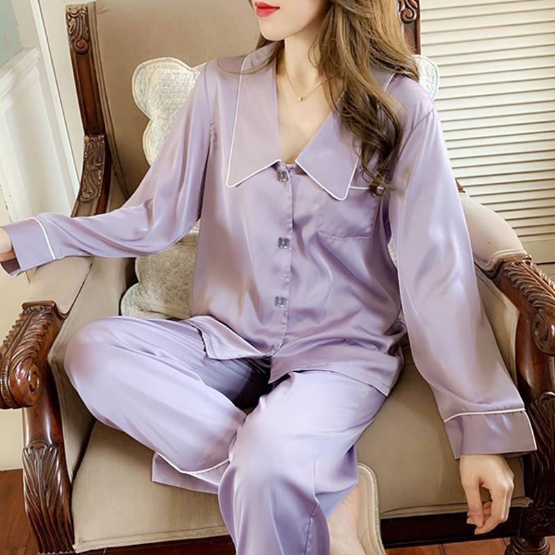 Women's Silky Purple Ice Silk Pajamas Set - Long-Sleeved Cardigan and Pants