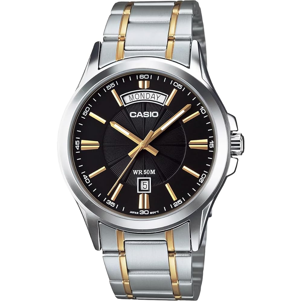Casio MTP-1381G-1AV Analog Quartz Men s Watch Silver Gold Metal Band Black Dial