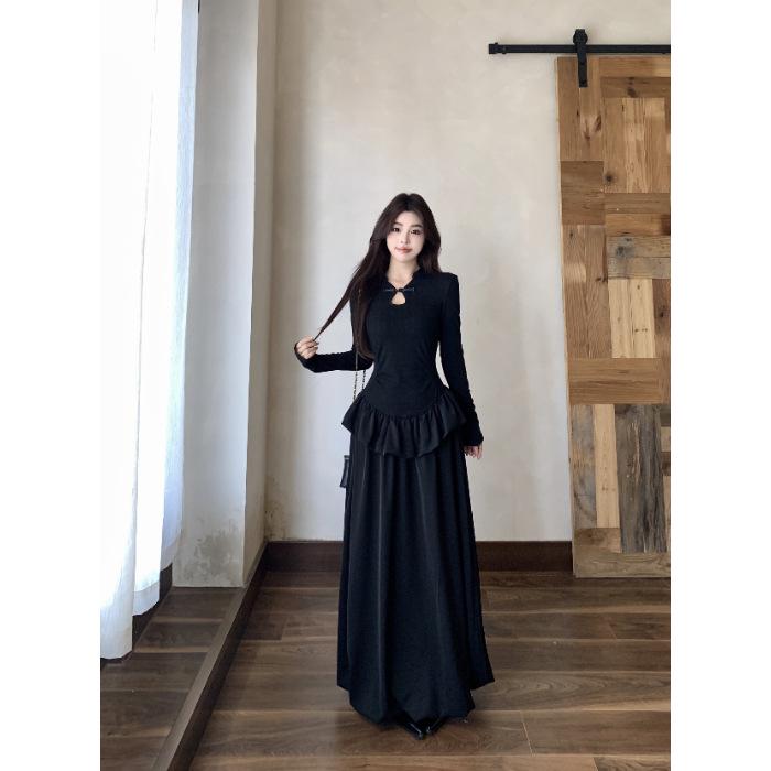

New Chinese Style Stand Collar Frog Button A-Line Dress - Women s Slimming Long Sleeve Bud Skirt for Spring & Autumn M