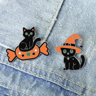 Black Cat Enamel Pins Cute Magic Hat Candy Kitten Brooches Creative Halloween Backpack Jacket Lapel Badge Jewelry Gifts for Kids