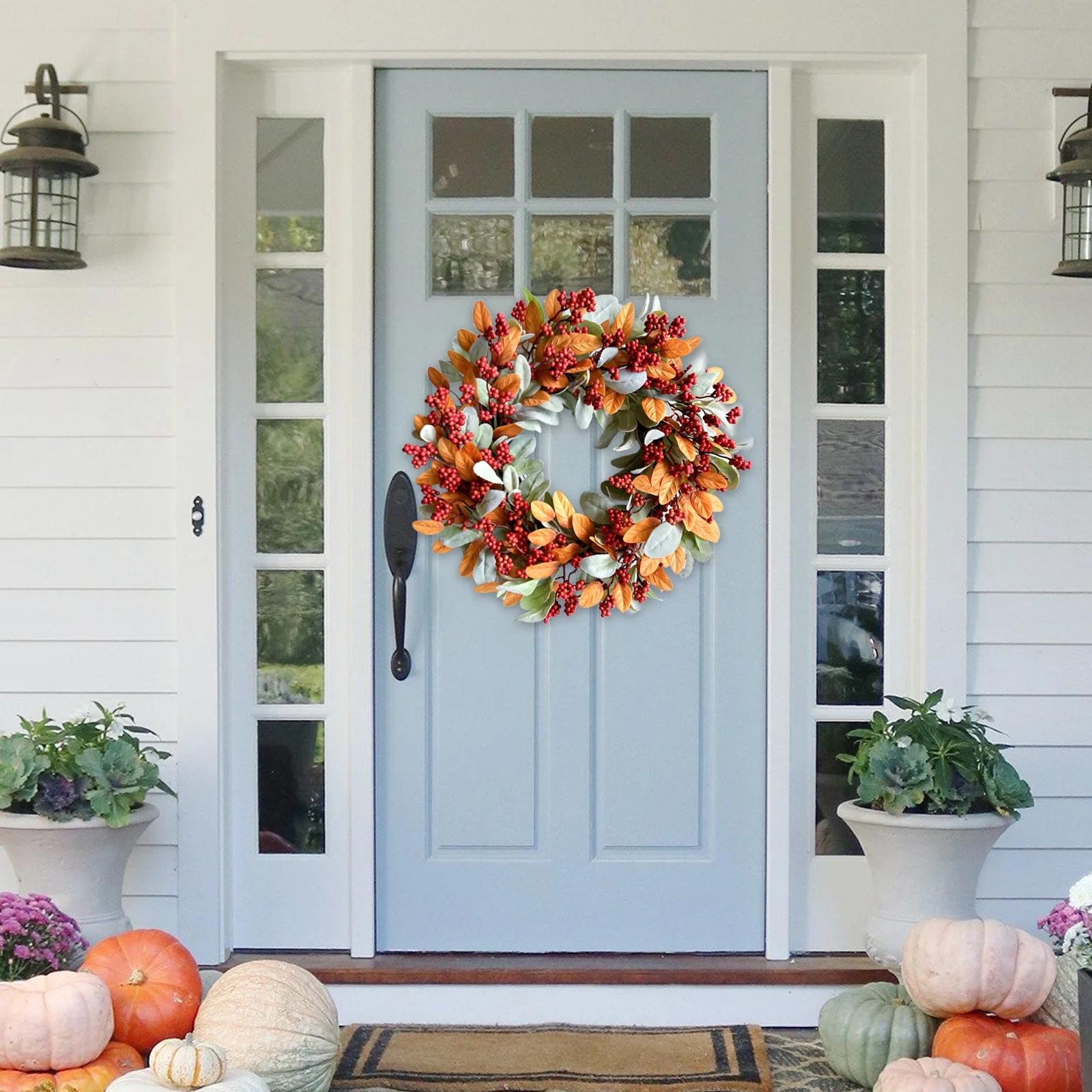 

День Благодарения Осенняя Ягодная Дверная Подвеска Цветочный Венок, Венок из Цветов для Украшения Крыльца Дома One Size