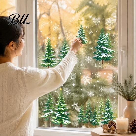 Festive Store Window Decor 2Pcs Christmas Snowflake Clings, Winter Green Pine Tree Static Glass Seasonal Home Ornament Stickers, Snow Dots Xmas Decals