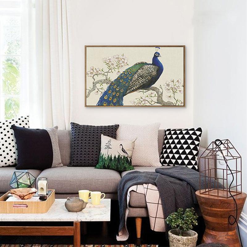 Elegant Arts Blue Peacocks On Tree Pink Flower Traditional Chinese Pastoral Canvas Painting Wall Posters for Home Decor