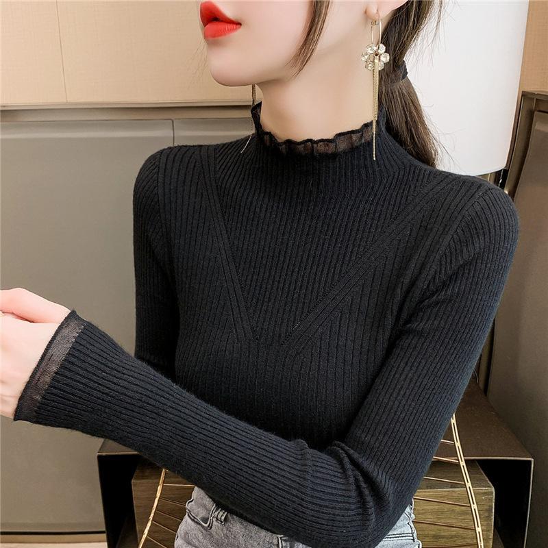 

Осенне-зимний свитер с полувысоким воротом и женским верхом из органзы в качестве основы, облегающий вязаный свитер корейской версии L чёрный