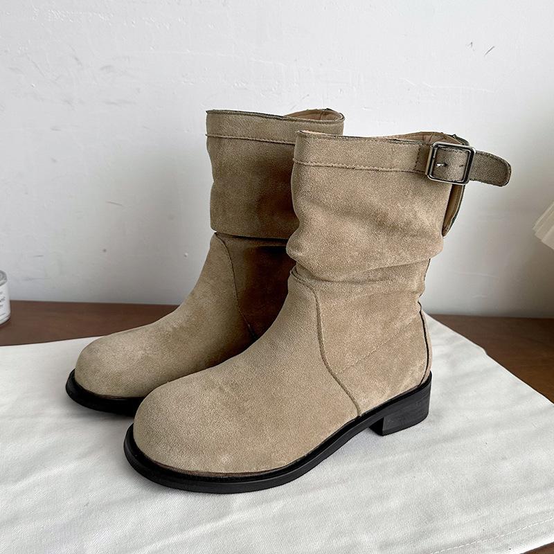 Retro simple and thin Martin boots for women's new autumn and winter niche versatile pleated short low-heeled boots piled up for women