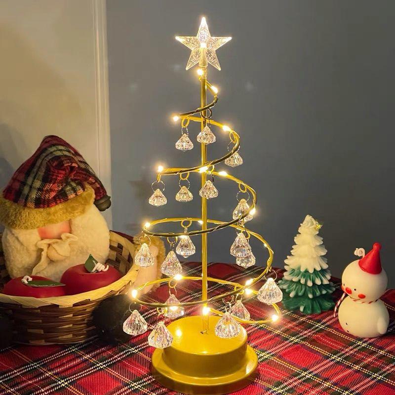 European style iron rotating luminous Christmas tree crystal night light Christmas gift girl heart candlestick bedroom decorative light
