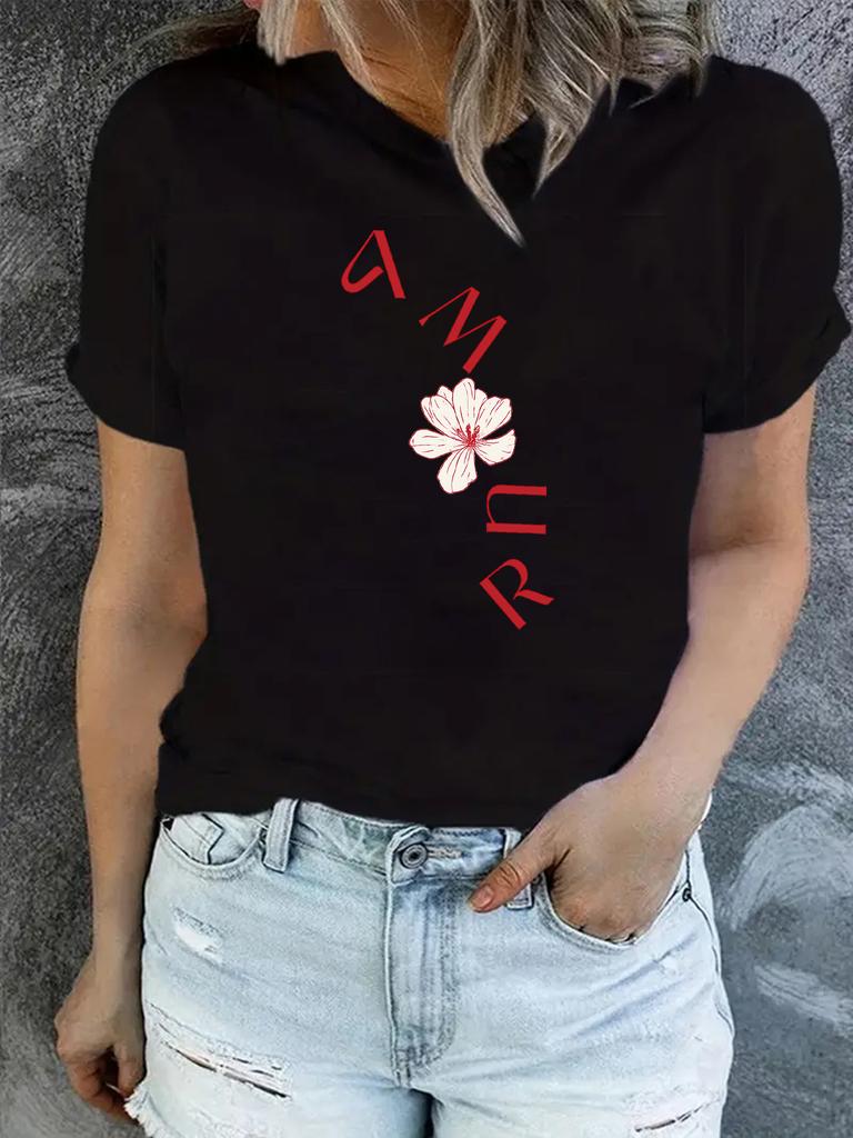 Women'S Casual Round-Neck T-Shirt with Stylish Letter Print for Spring and Summer