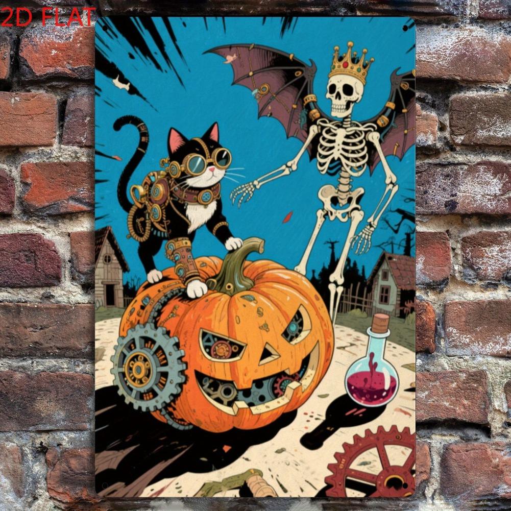 pc D Flat Steampunk Gothic Iron Plaque Vintage Victorian CatJackOLantern Sign Spooky Holiday Gift for HomeBarGarden