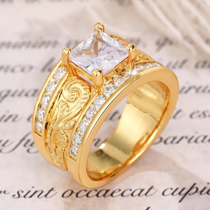 

Huitan Luxury Princess Square Cubic Zirconia Women Wedding Ring Copper Color/Gold Color Carved Pattern Creative Handmade Zircon 10